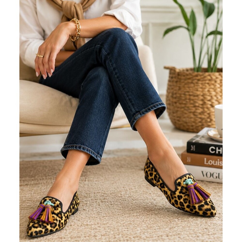 Hush Puppies Bounce Sadie Leopard Calf Hair Tassel Pointed Loafers 6M
